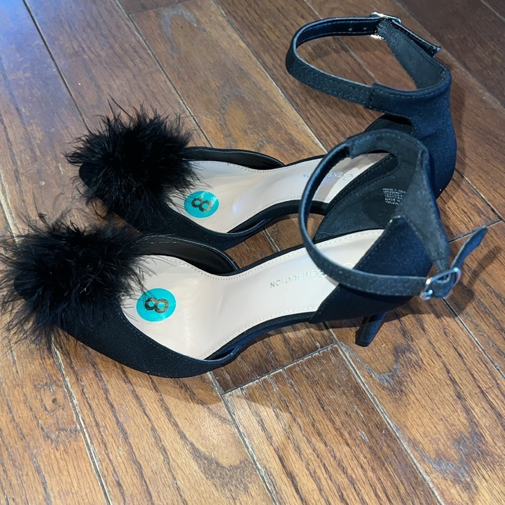 Black Abiny Faux Feather Ankle Strap Pumps - Picture 4 of 5